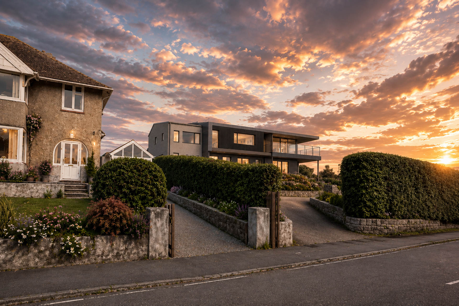 Street view of the completed home renovation in Devon at sunset, showing how the house fits into the local neighbourhood.